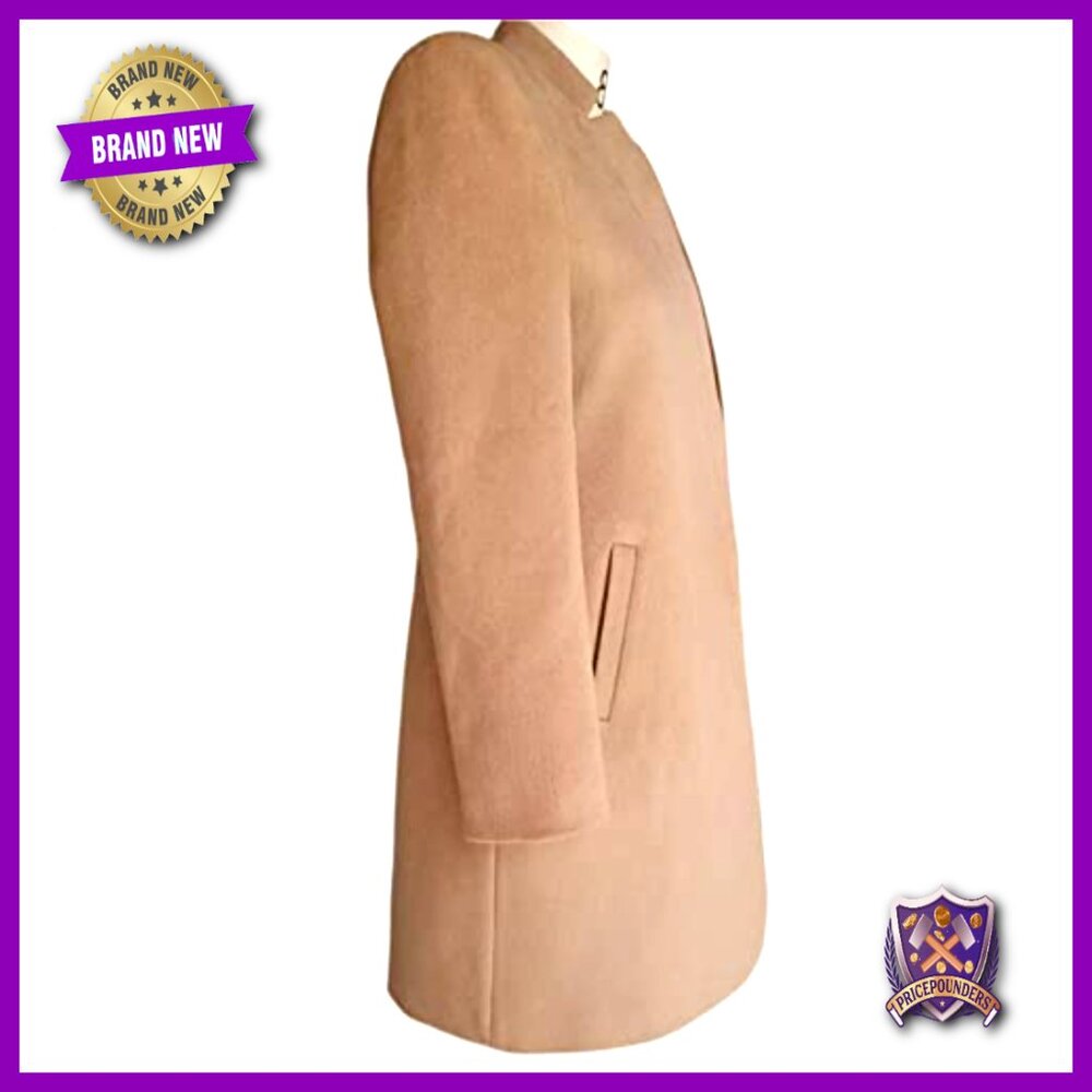 Stand Collar Open Front Pea Coat Mid Long Trench Blazer Elegant Winter Outerwear - Picture 5 of 7